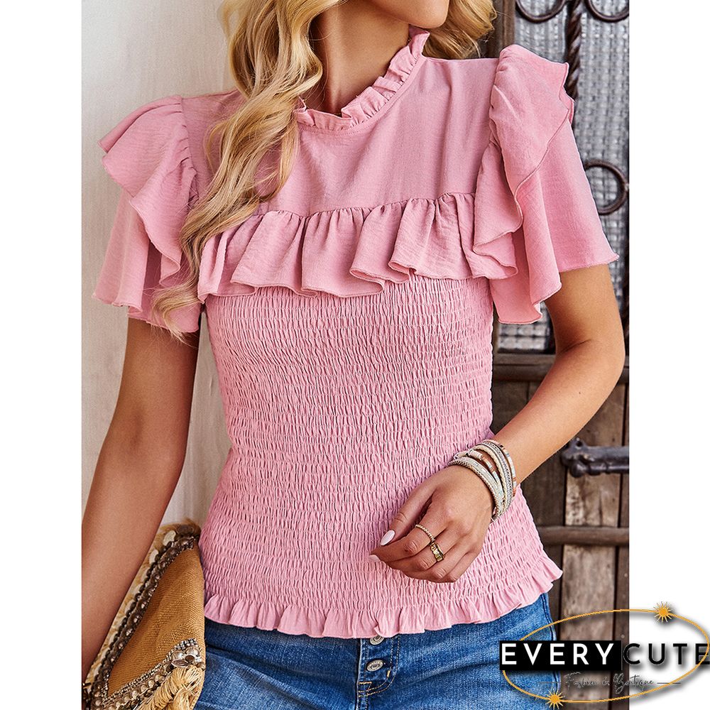 Pink Drawstring Ruffle Short Sleeve Pleated Blouse
