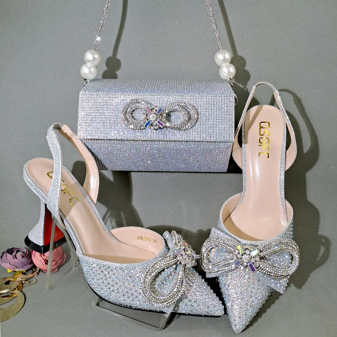 QSGFC 2022 Popular pointed Full of diamonds and shiny shoes with bags, banquet shoes and bags, and friends party shoes with bags
