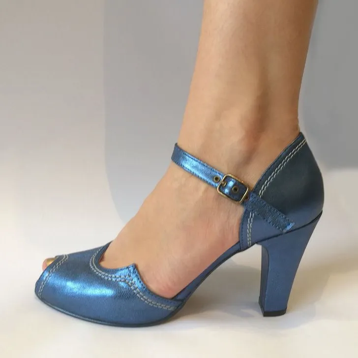 Blue Vintage Peep Toe Chunky Heel Sandals Vdcoo