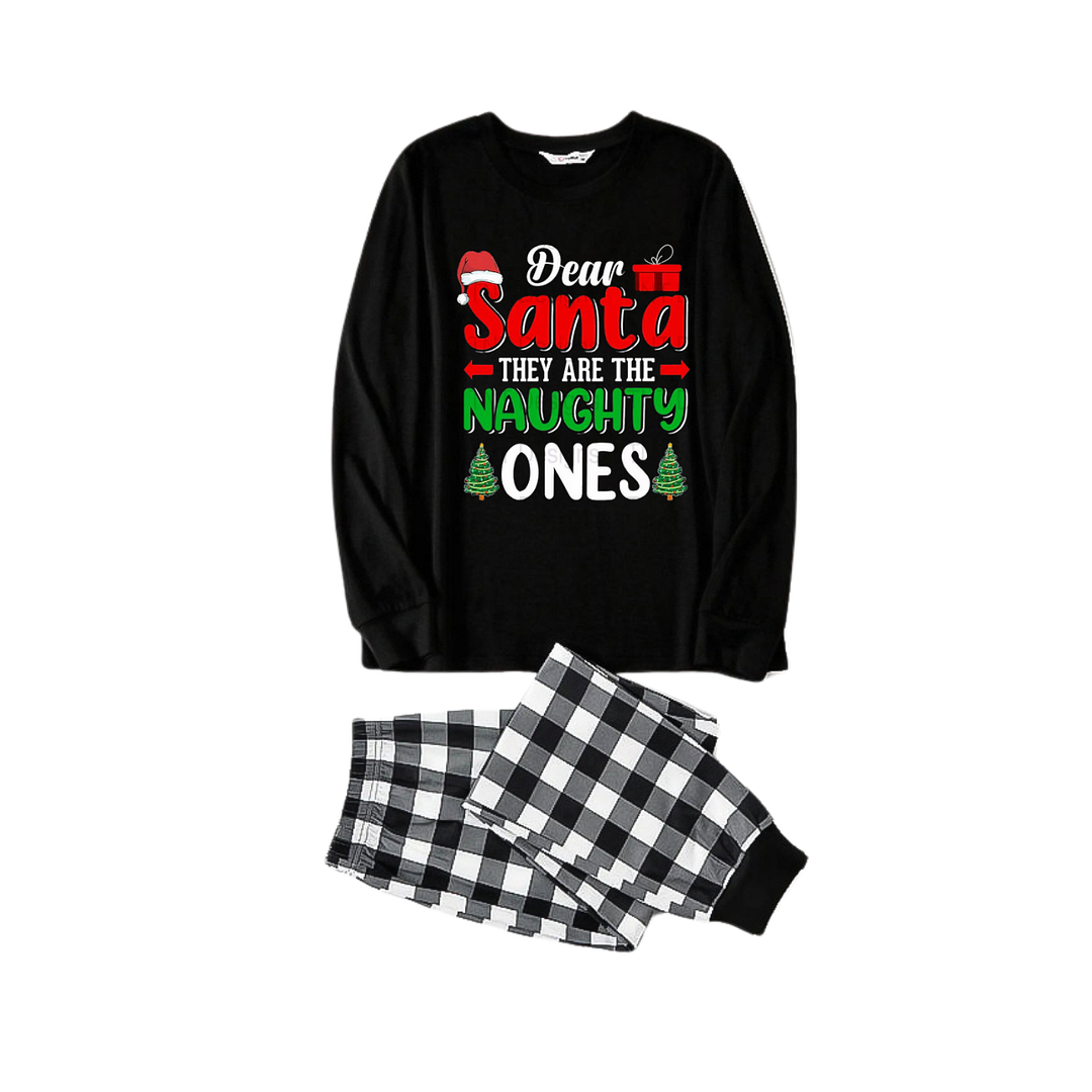 "Dear Santa They are The Naughty Ones" Slogan Printed Black and White Plaid Pants Family Matching Pajamas