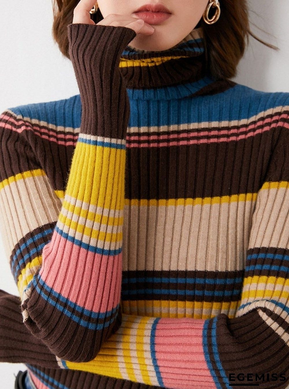 Fall/Winter Turtleneck Color Striped Slim-fit Knit Sweater | EGEMISS