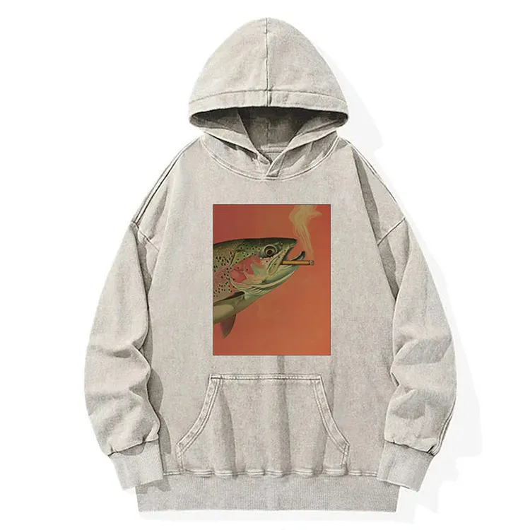trout smoking a cigarette Tokyo-Mood Trout Smoking A Cigarette Vintage Washed Unisex Hoodie