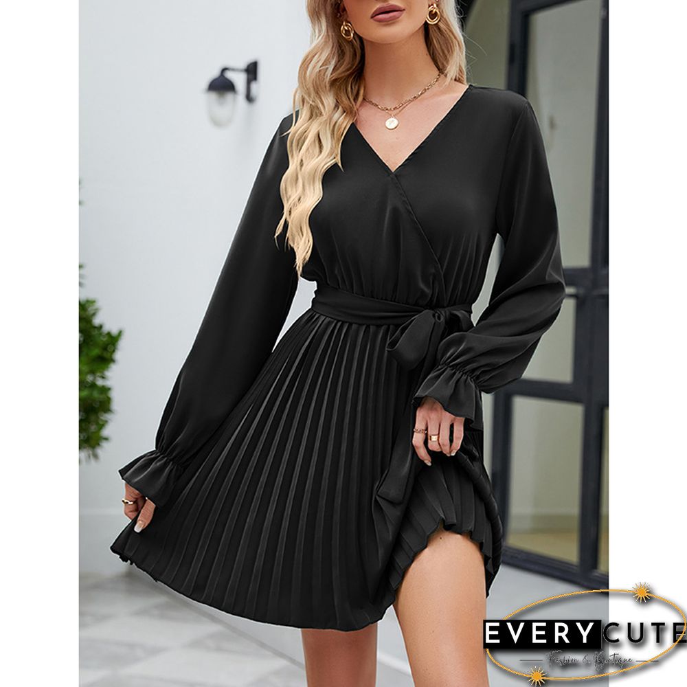 Black V Neck Long Sleeve Pleated Mini Dress with Belt