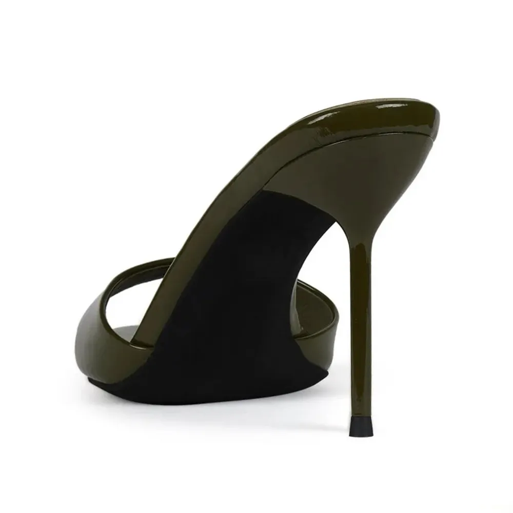 Olive Round Toe Stiletto Heel Elegant Slip On Mules for Women