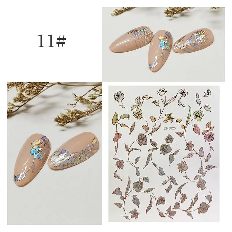 3D Flower Lace Nail Stickers iridescent Bronzing Floral Leaf Transfer Stickers For Nails Manicuring Accessories