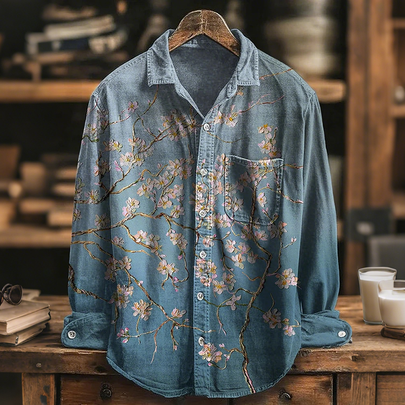 Men's Cherry Blossoms Oil Painting Print Cozy Long Sleeve Shirt  artssus