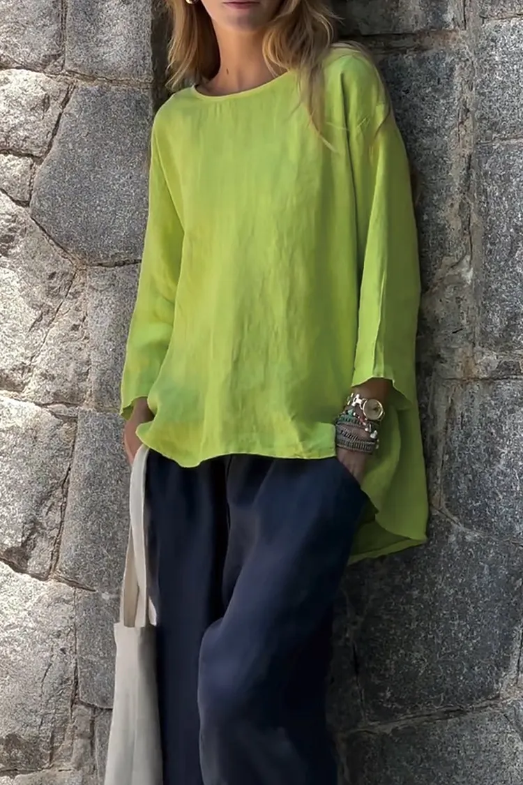 Women Solid color cotton and linen long sleeve shirt