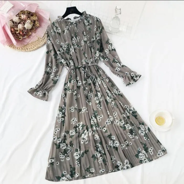 Polka Dot Print Women Chiffon Pleated Dress Sweet Flare Sleeve Party Dresses Casual Loose Lady Office Midi Dress Vestidos Mujer