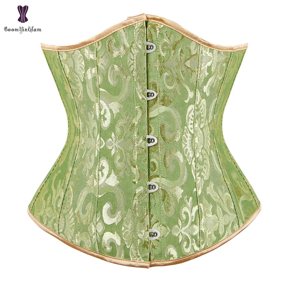 Jacquard Floral Underbust Corset Pink Blue Black White Coffee Lace Up Boned Waist Cincher Shaper Outfit