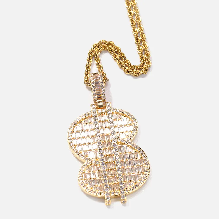 Iced Out Dollar Letters Pendants Necklaces Hip Hop Bling Bling For Women And Men