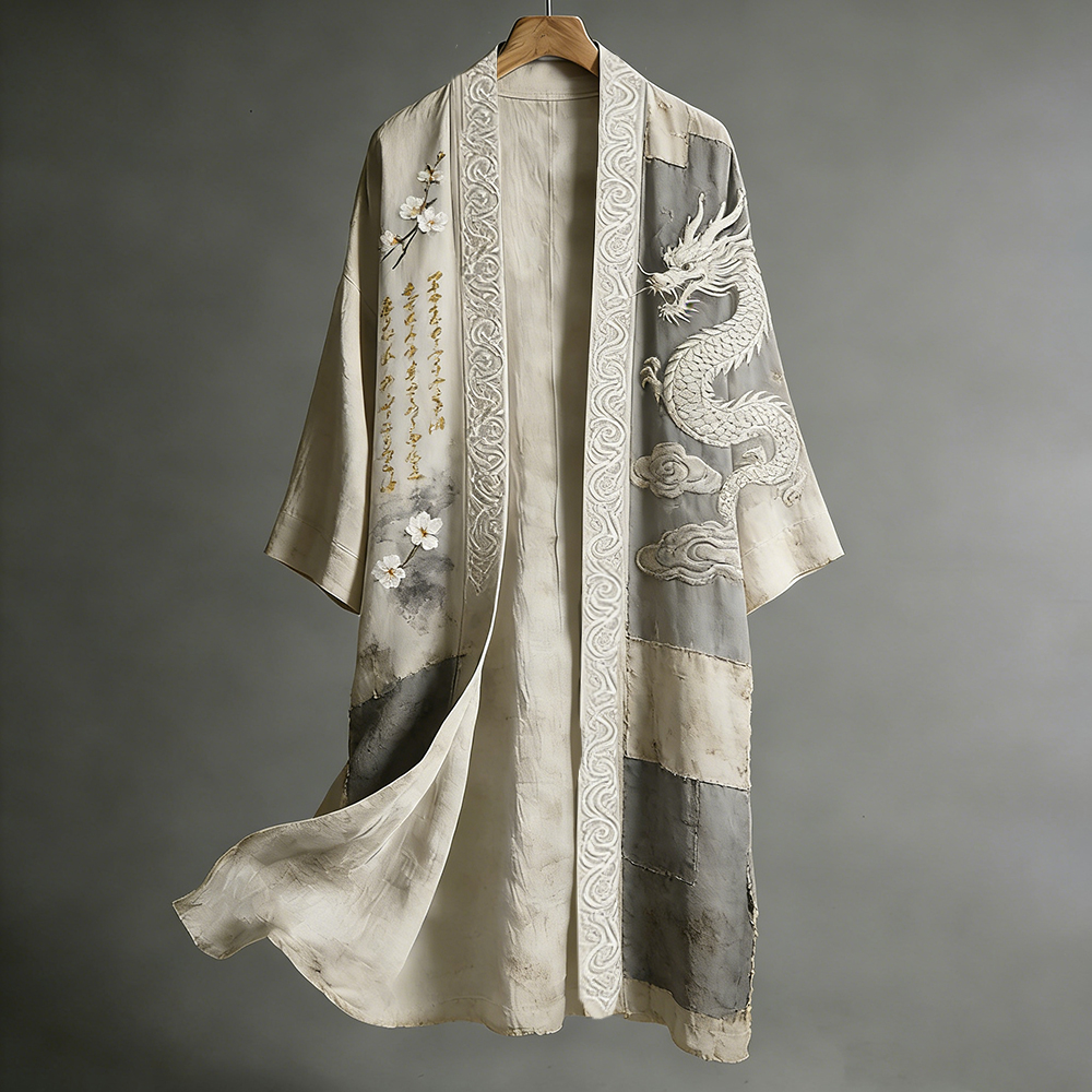 Japanese-style Dragon Pattern And Cherry Blossom Calligraphy Art Spliced Cotton Linen Vintage Kimono elevenforest