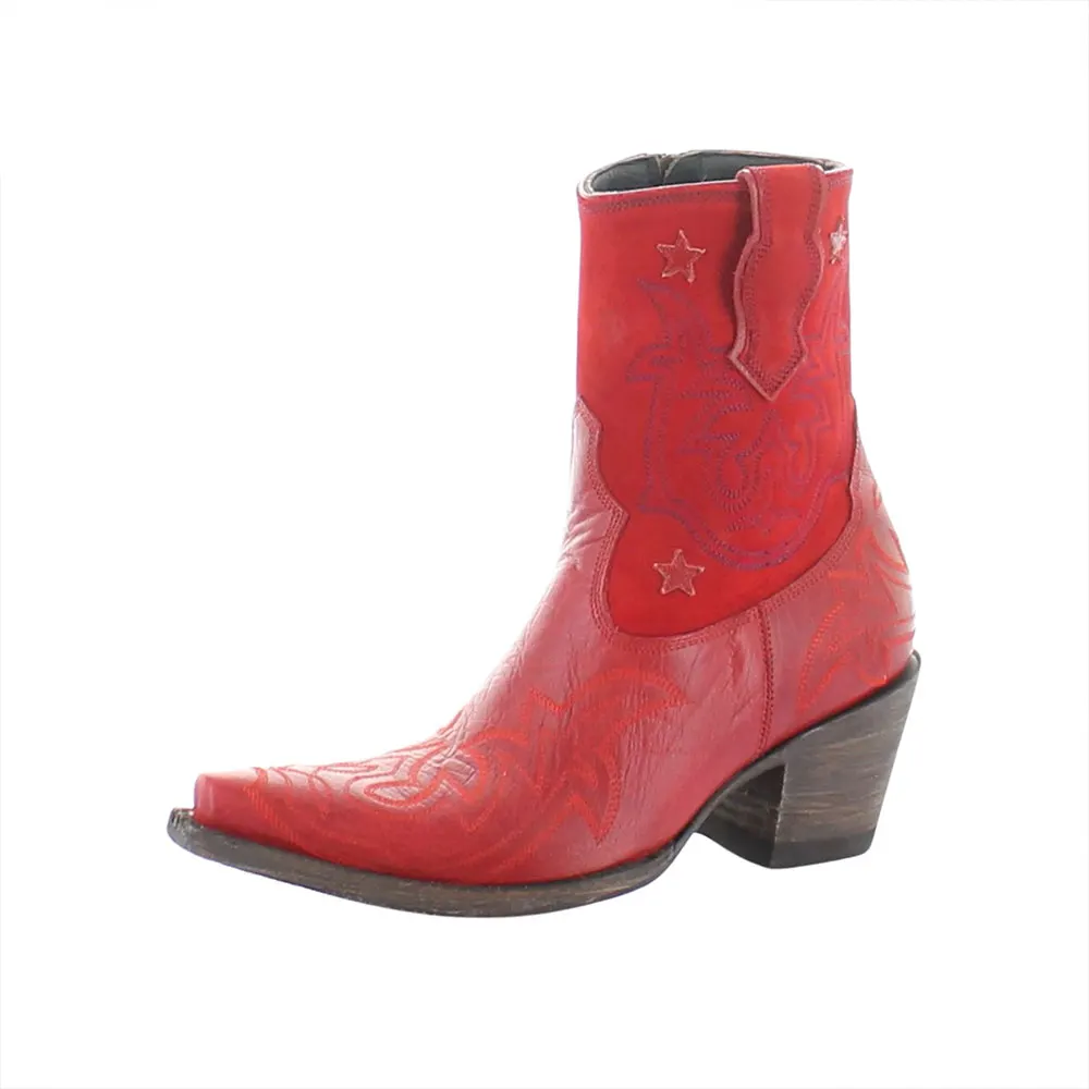 Red Faux Leather Snip Toe Zipper Star Embroidered Heeled Boots