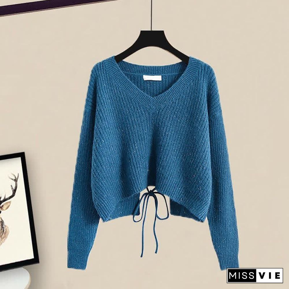 V-neck Lace Up Knit Sweater A-line Skirt Two Pieces