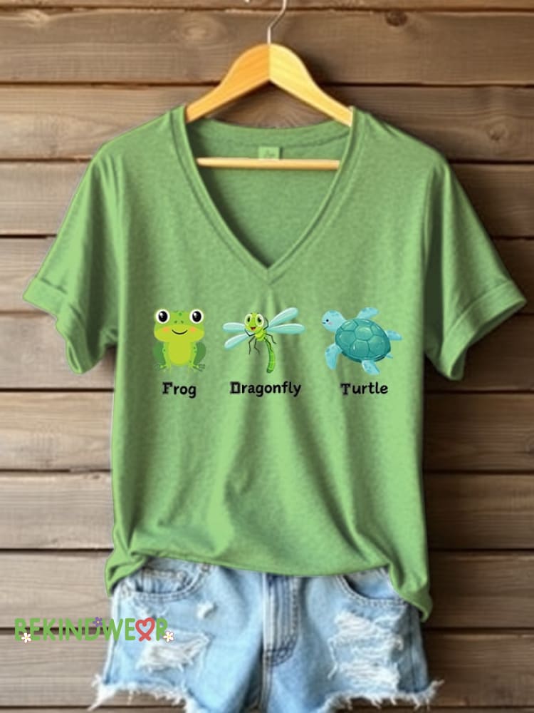 Women&rsquo;s Frog Dragonfly Turtle Printed V Neck T-shirt Green / S