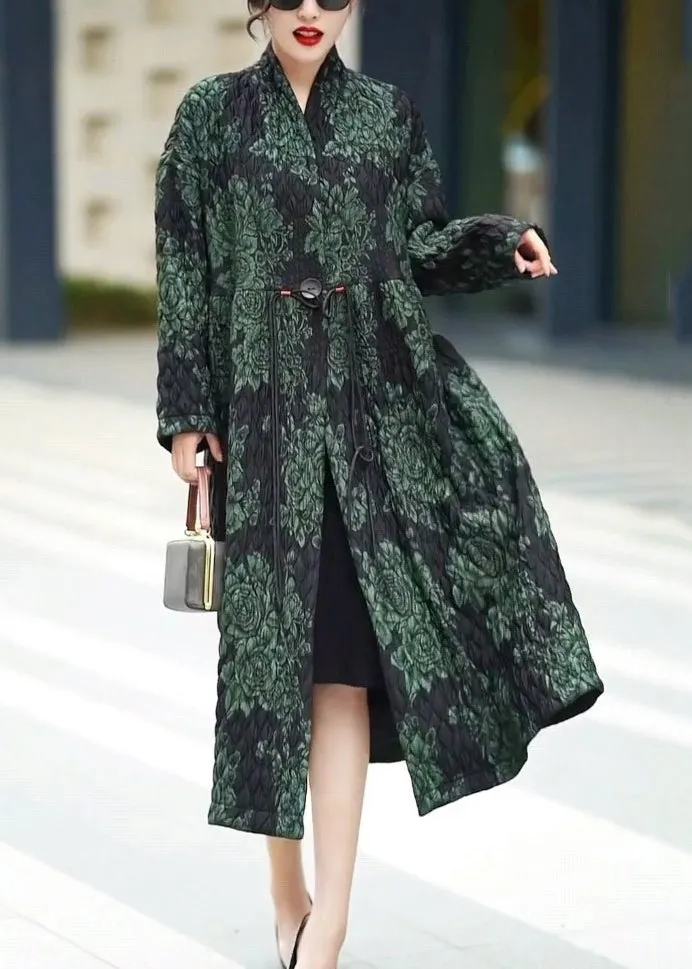 Natural Green V Neck Print Patchwork Button Long Coats Winter
