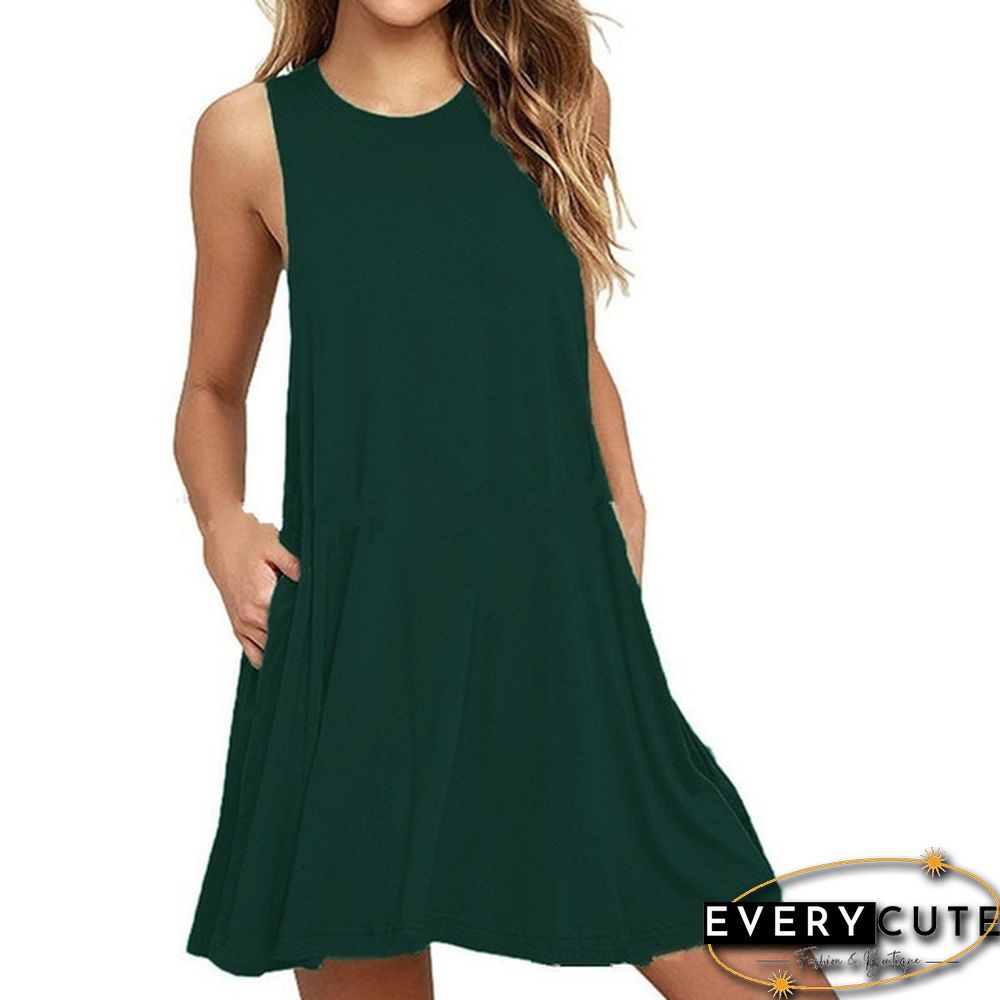 Plus Size XS-8XL Summer Women Casual Round Neck Solid Color Loose Sleeveless Beach Tank Top A-line Pocket Dress Sexy Short Club Party Mini Halter Midi Dresses Robe Ete Femme Knee Length Pleated Skirts Ladies Fashion Swing Cotton T-Shirt Dress