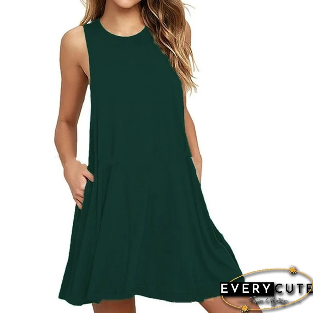 Plus Size XS-8XL Summer Women Casual Round Neck Solid Color Loose Sleeveless Beach Tank Top A-line Pocket Dress Sexy Short Club Party Mini Halter Midi Dresses Robe Ete Femme Knee Length Pleated Skirts Ladies Fashion Swing Cotton T-Shirt Dress