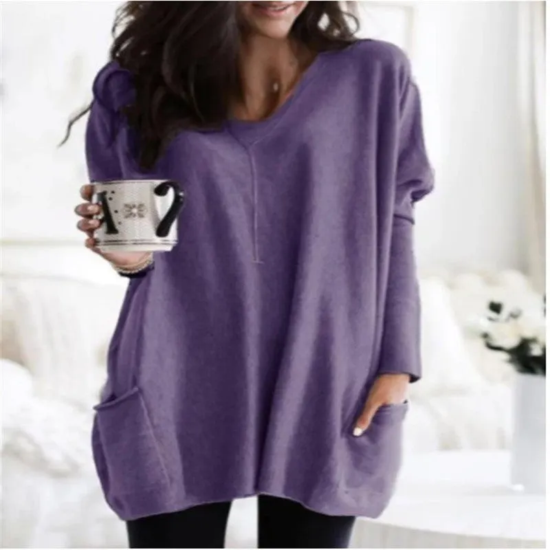 Brownm Autumn Pullover Casual Round Neck Long Sleeve Pocket T-shirt Top