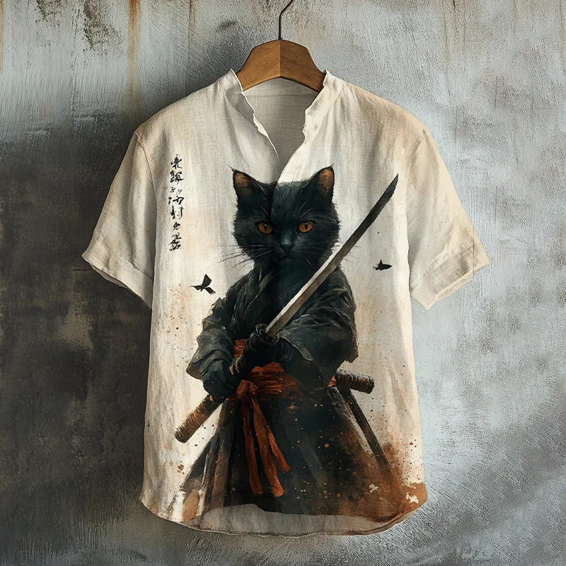 Men's Black Cat Samurai Japanese Art Print Casual V Neck T-shirt elevenforest