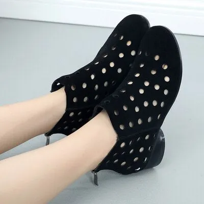 GKTINOO 2022 Summer Ankle Boots Genuine Leather Shoes Women Med High Heel Back Zipper Boots Cutout breathable Mujer Zapatos