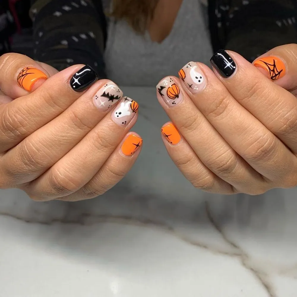 Churchf Churchf Cool Black Ghost Short Square Halloween Holiday Nail Pumpkin Ghost Fake Nail Finished Wear Nail Piece