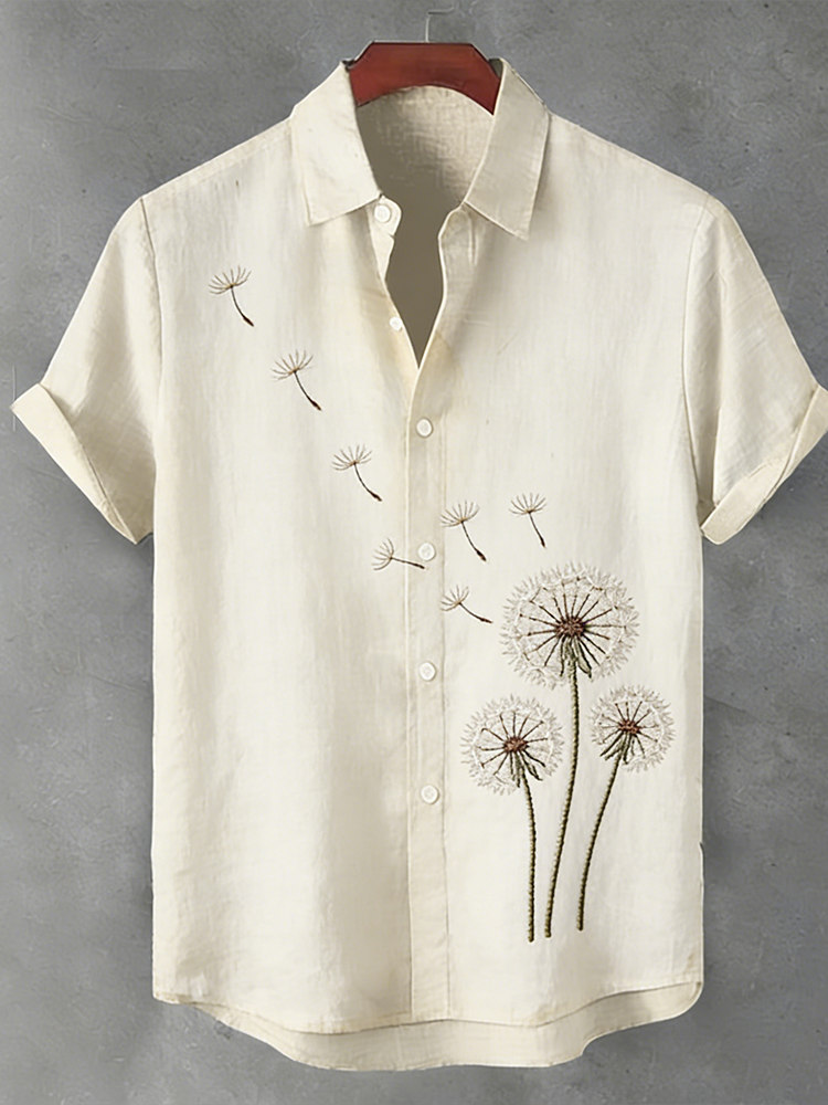 Comstylish Japanese-style Dandelion Embroidered Cotton Linen Short Sleeve Shirt