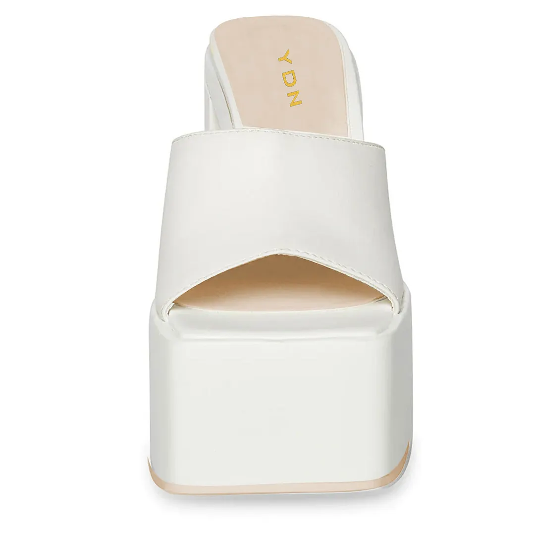 Women's Vegan Leather Square Toe Platform Block Heel Mules in Ivory