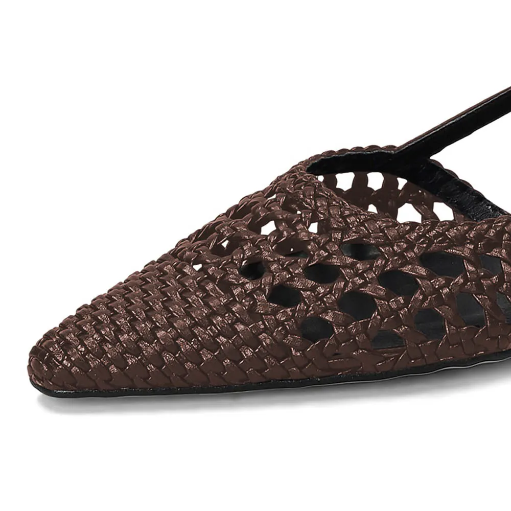 Brown Pointed Toe Woven Detail Kitten Heel Chic Slingback Shoes