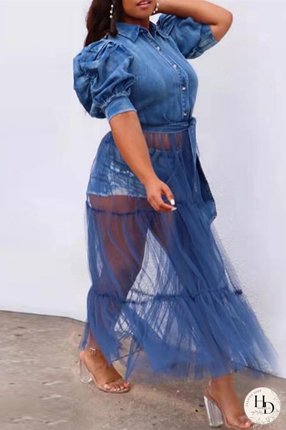 Blue Fashion Casual Plus Size Patchwork Mesh Turndown Collar Short Sleeve Dress