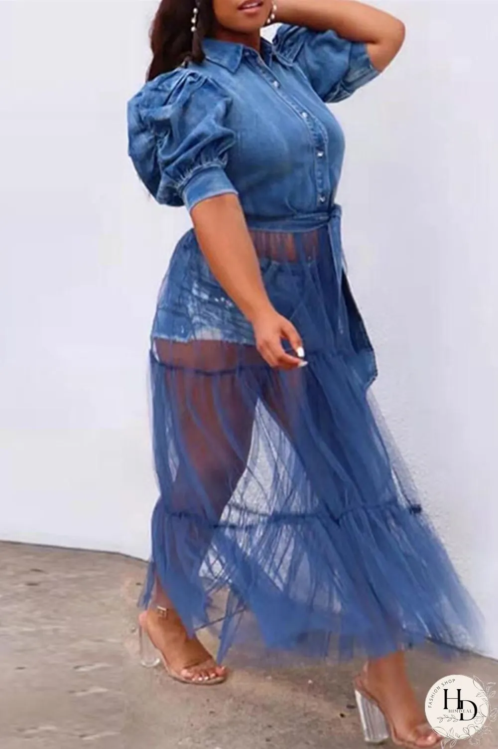 Blue Fashion Casual Plus Size Patchwork Mesh Turndown Collar Short Sleeve Dress