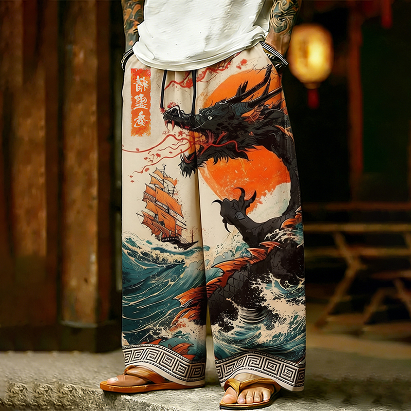 Men's Vintage Japanese Dragon & Sea Art Printed Casual Pants elevenforest