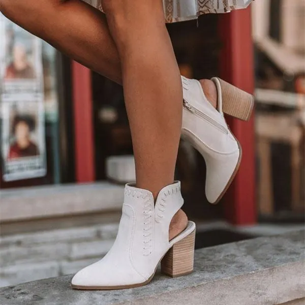 White Cut Out Chunky Heel Ankle Boots Vdcoo