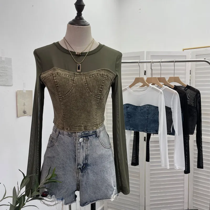 Churchf Fashion Fake Two Denim Splicing Mesh Long Sleeve Top Short Open Umbilion T-Shirt 2623
