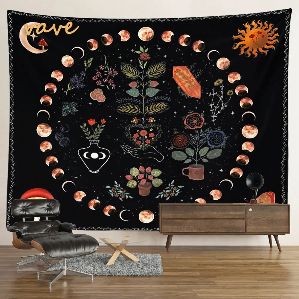 Nigikala Phase Tapestry Black and White Wall Hanging Boho Hippie Mandala Cloth Fabric Tapestry Flower Aesthetic Room Dorm Decor