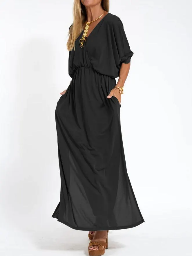 Womens Casual Solid Color V Neck Slit Dress