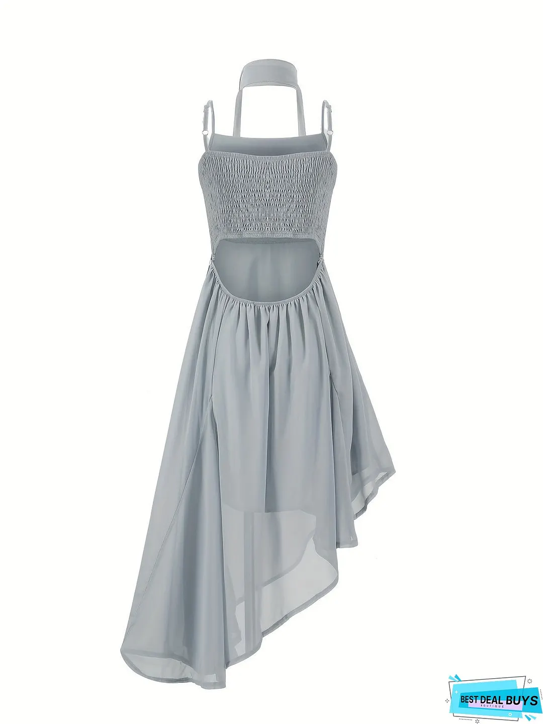 Cowl Neck Asymmetric Ruffle Hem Dress, Elegant Cut Out With Scarf Layer Dress, Women's Clothing