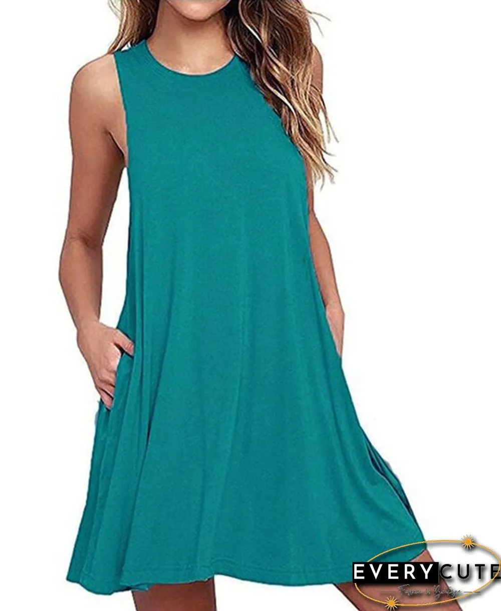 Plus Size XS-8XL Summer Women Casual Round Neck Solid Color Loose Sleeveless Beach Tank Top A-line Pocket Dress Sexy Short Club Party Mini Halter Midi Dresses Robe Ete Femme Knee Length Pleated Skirts Ladies Fashion Swing Cotton T-Shirt Dress