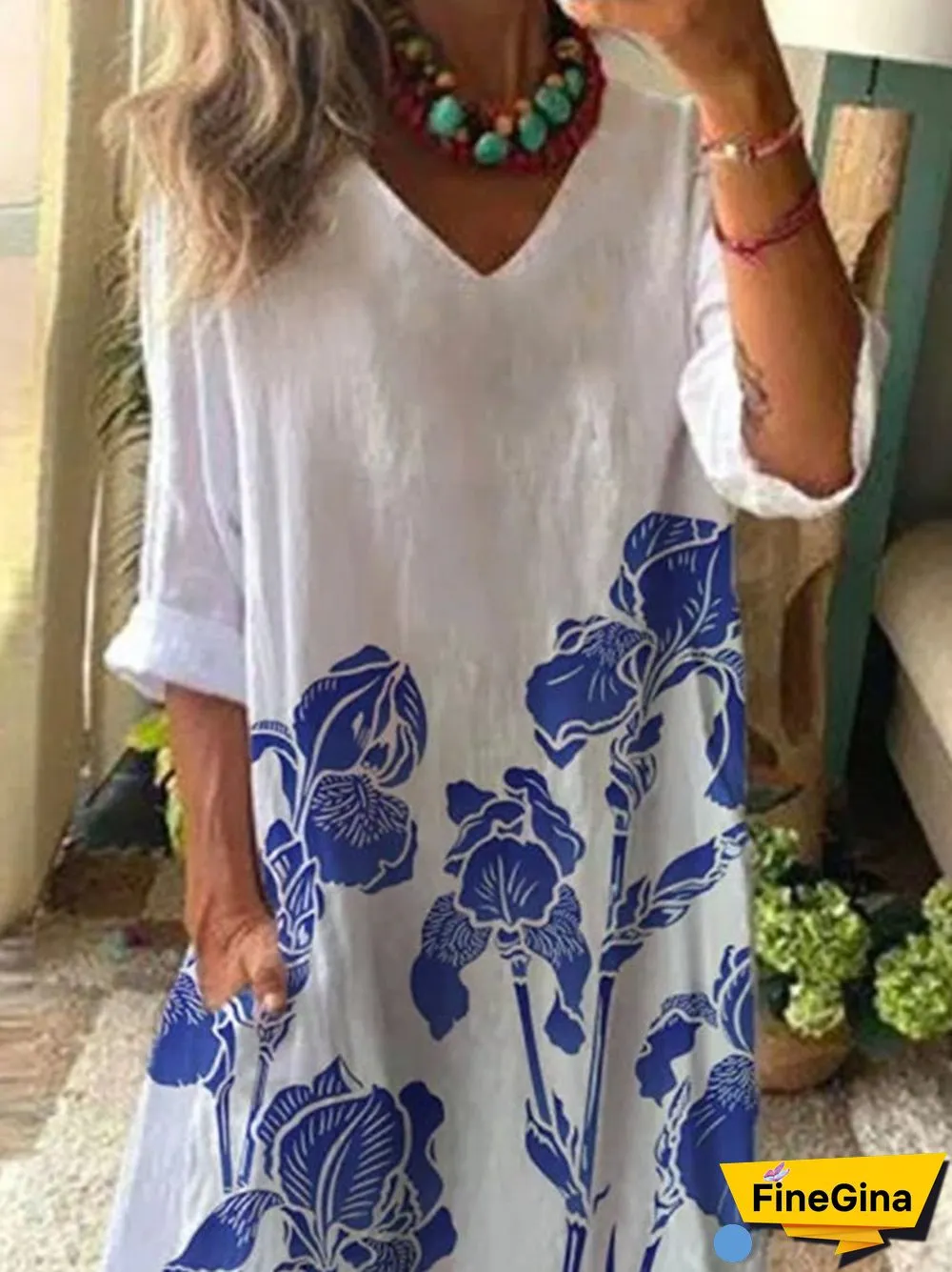 Women'S Dresses Vintage Graphic V-Neck Mid Sleeve Pocket Dress