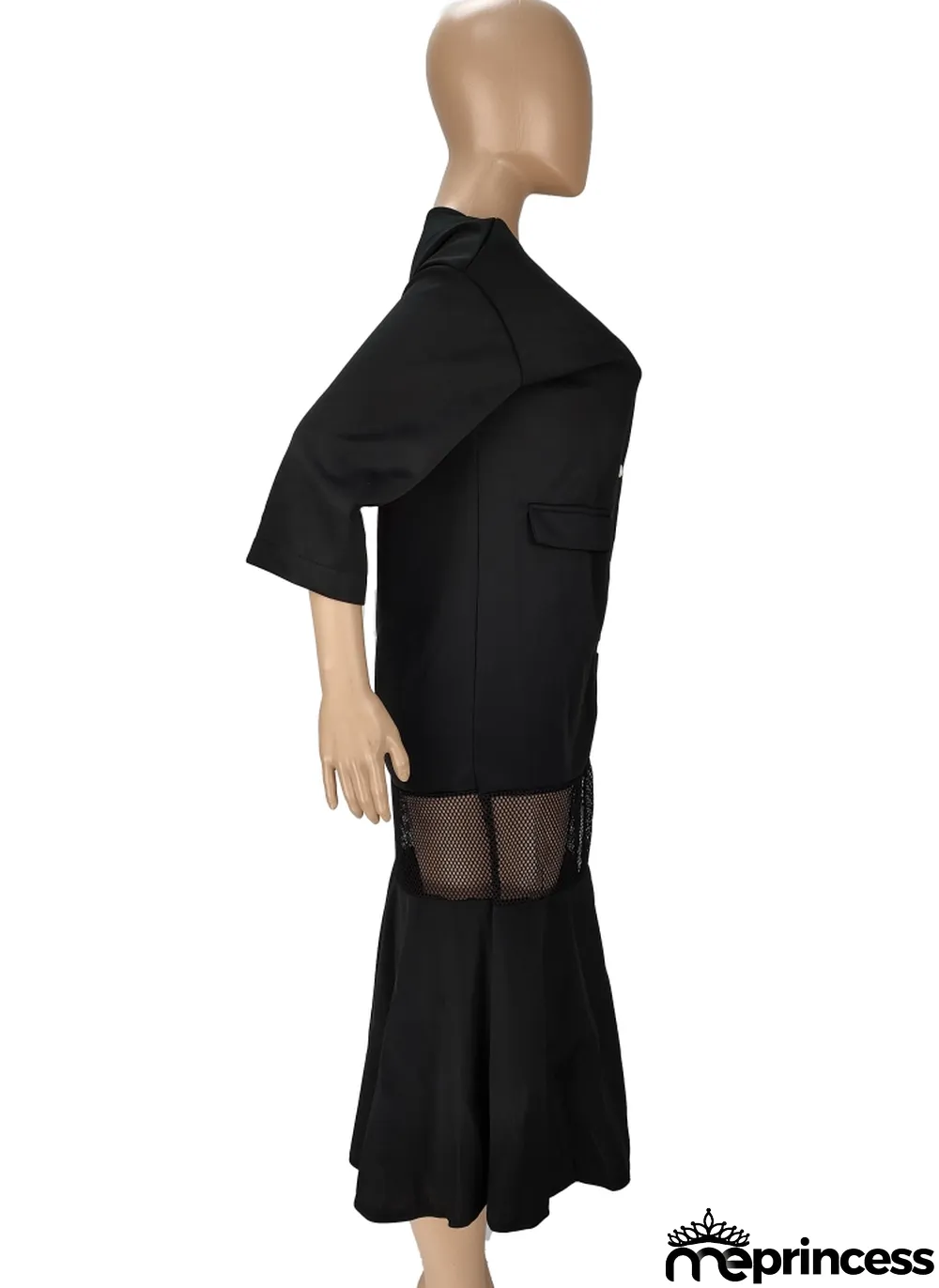 Women Spring Black Mesh Patch Mermaid Long Jacket