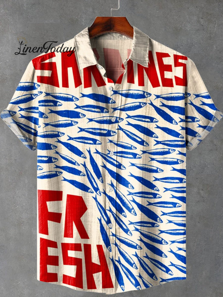 Vintage Fish Sardines Art Print Casual 100% Cotton Shirt Multicolor / S
