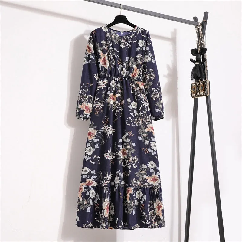 Floral Print Long Dress Women Lantern Long Sleeve High Waist Elegant Party Dress Ladies Casual Spring Summer Beach Maxi Dress