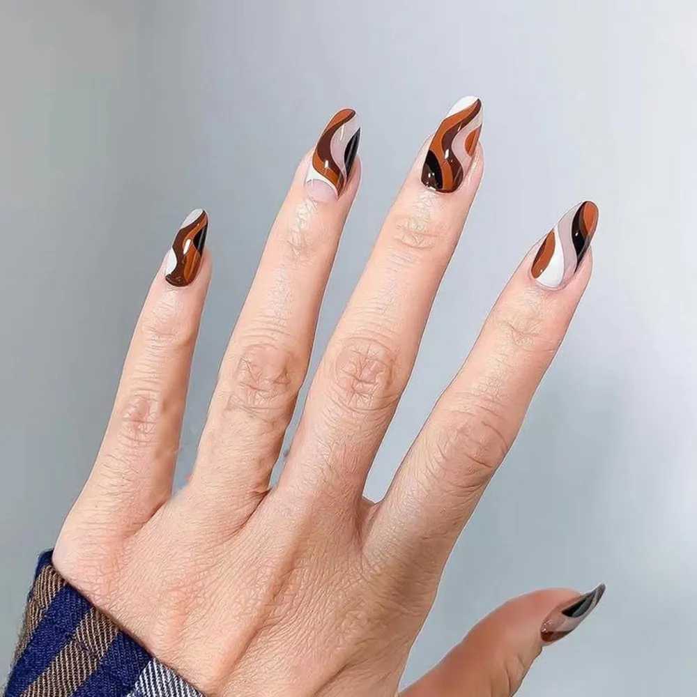 Detachable Almond Round Wavy False Nails Detachable Stiletto Fake Nails Full Cover French Ballerina Nail Tips Press On Nails-Nail Inspo