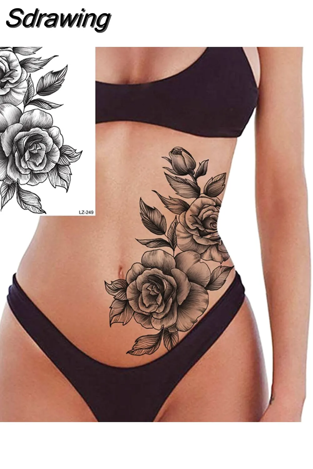 Sdrawing Peony Flower Temporary Tattoos For Women Adults Realistic Compass Moon Pendant Fake Tattoo Sticker Arm Body Tatoos 507-1