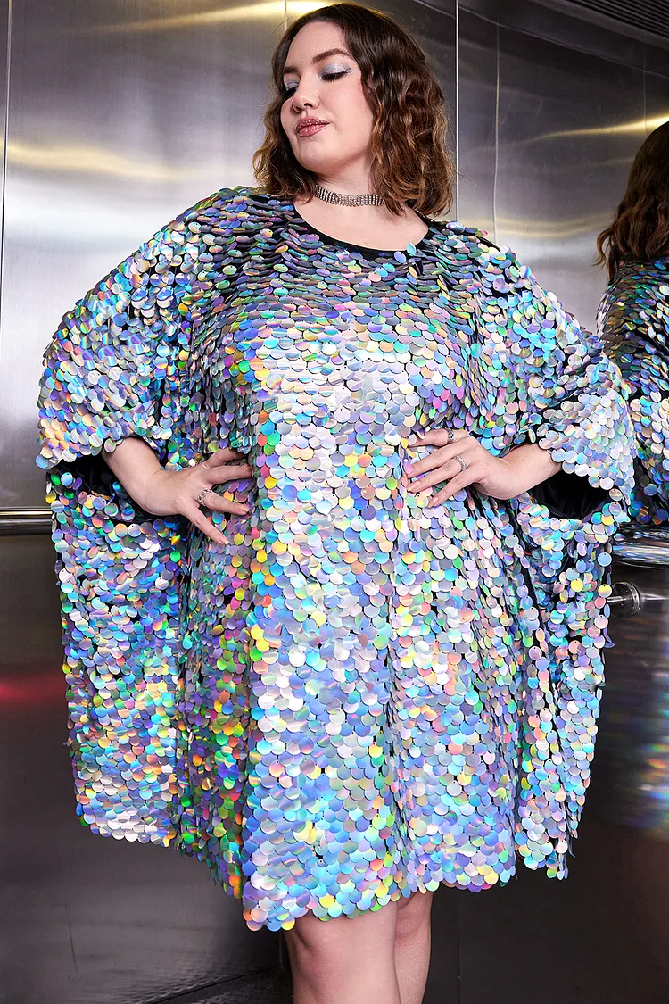 Mini Dresses Silver Metallic Plus Size Dress Plus Size Party Sequin Batwing  Sleeves Silver Reflective Mini Dress