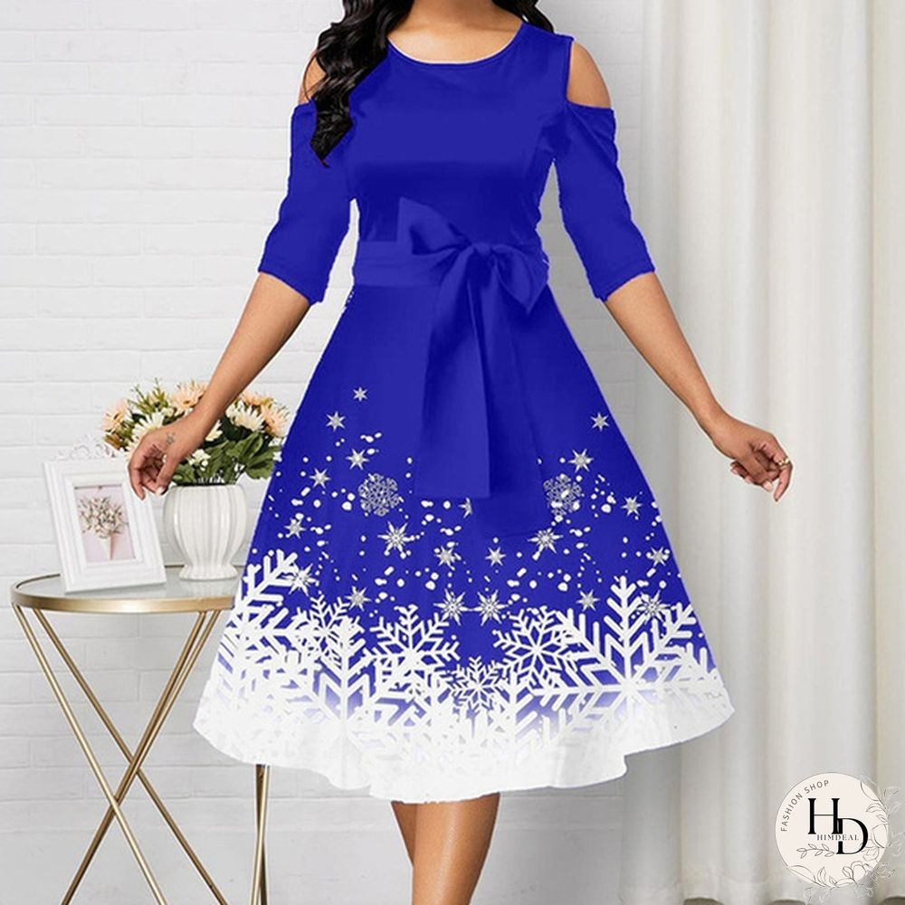 New Arrival Women Belted Snowflake Print Cold Shoulder Round Neck Elegant Dress Plus Size Fashion Christmas Party Dress S-5Xl