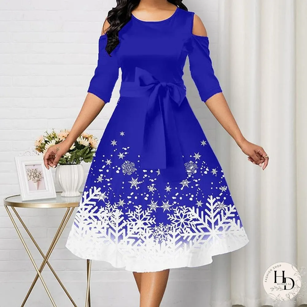 New Arrival Women Belted Snowflake Print Cold Shoulder Round Neck Elegant Dress Plus Size Fashion Christmas Party Dress S-5Xl