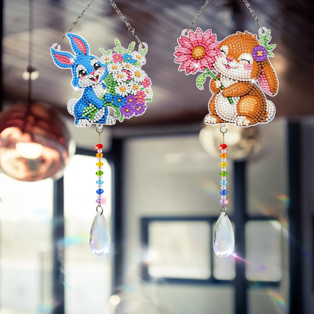 2Pcs Flower Rabbit DIY Double-Sided Diamond Painting Hanging Kits Diamond Painting Suncatcher Craft Kit for Home Garden Wall Decor Gift
