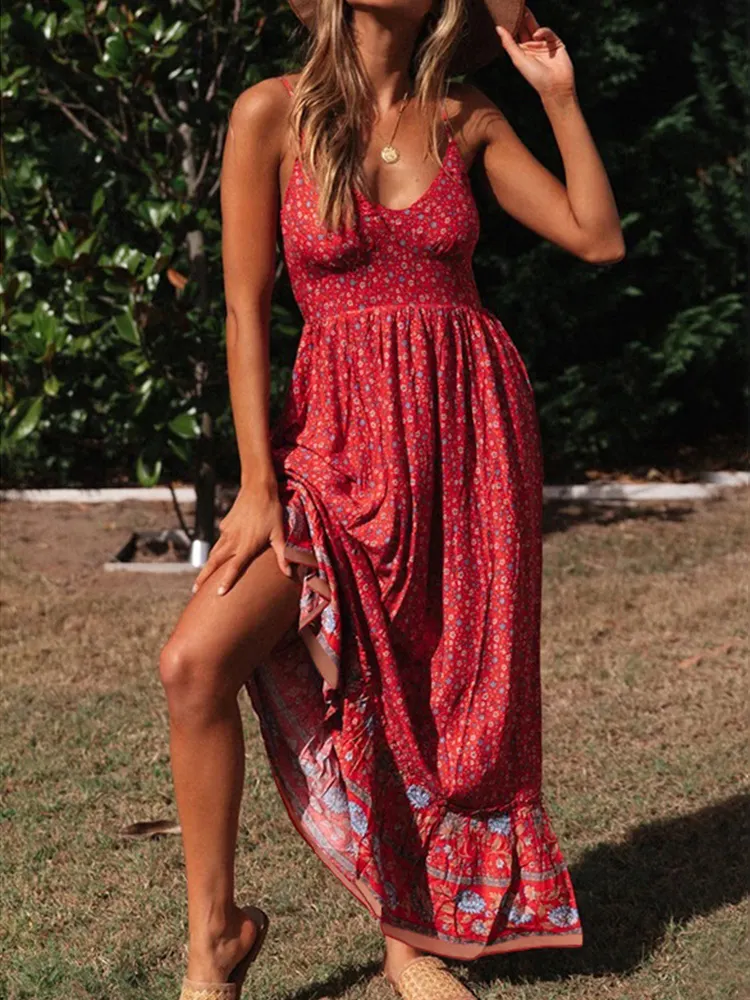 Boho Floral V Neck Camisole Maxi Dress