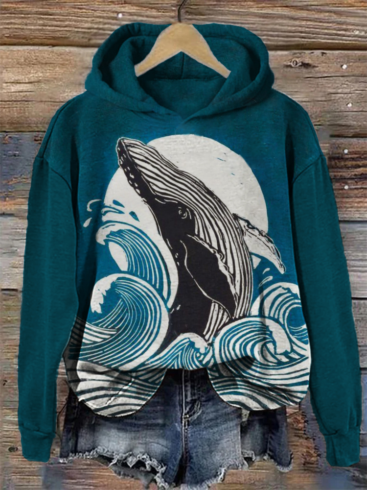 Whale Breach Full Moon Japanese Lino Art Vintage Hoodie elevenforest