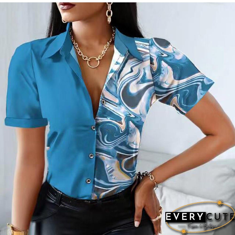 Summer Women Black Floral Print Top Shirt Fashion Casual Short Sleeve Turn-down Collar Tops Shirts New Elegant Slim Button Shirt